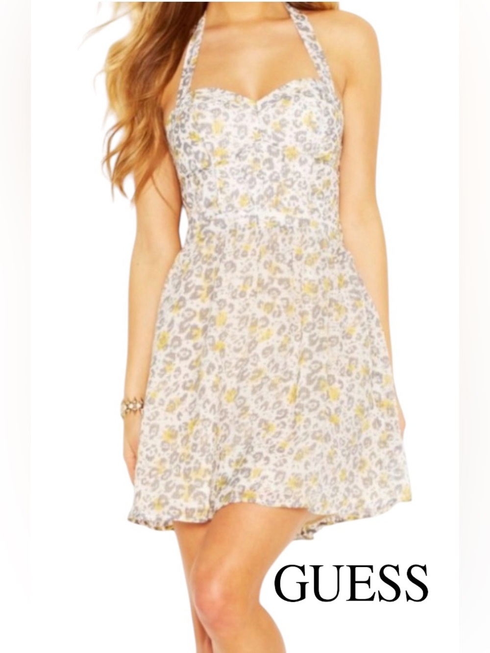 GUESS HALTER DRESS LEOPARD PRINT HAPPY YELLOW CORSET STYLE